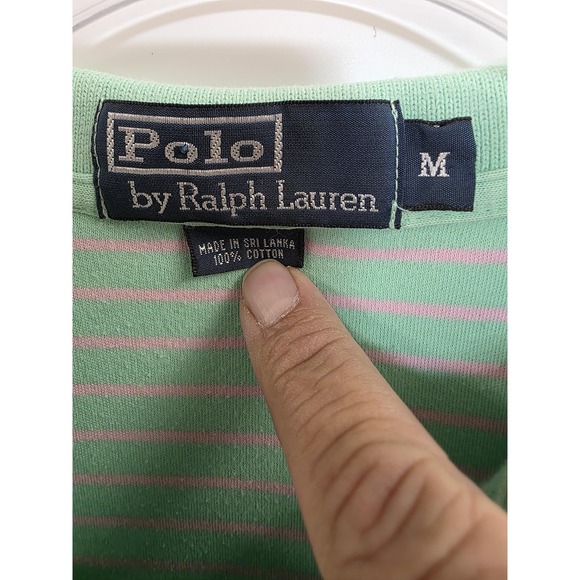 Polo Ralph Lauren Polo Shirt Mens Medium Green Pink Stripe Cotton Pony Logo - Picture 2 of 8